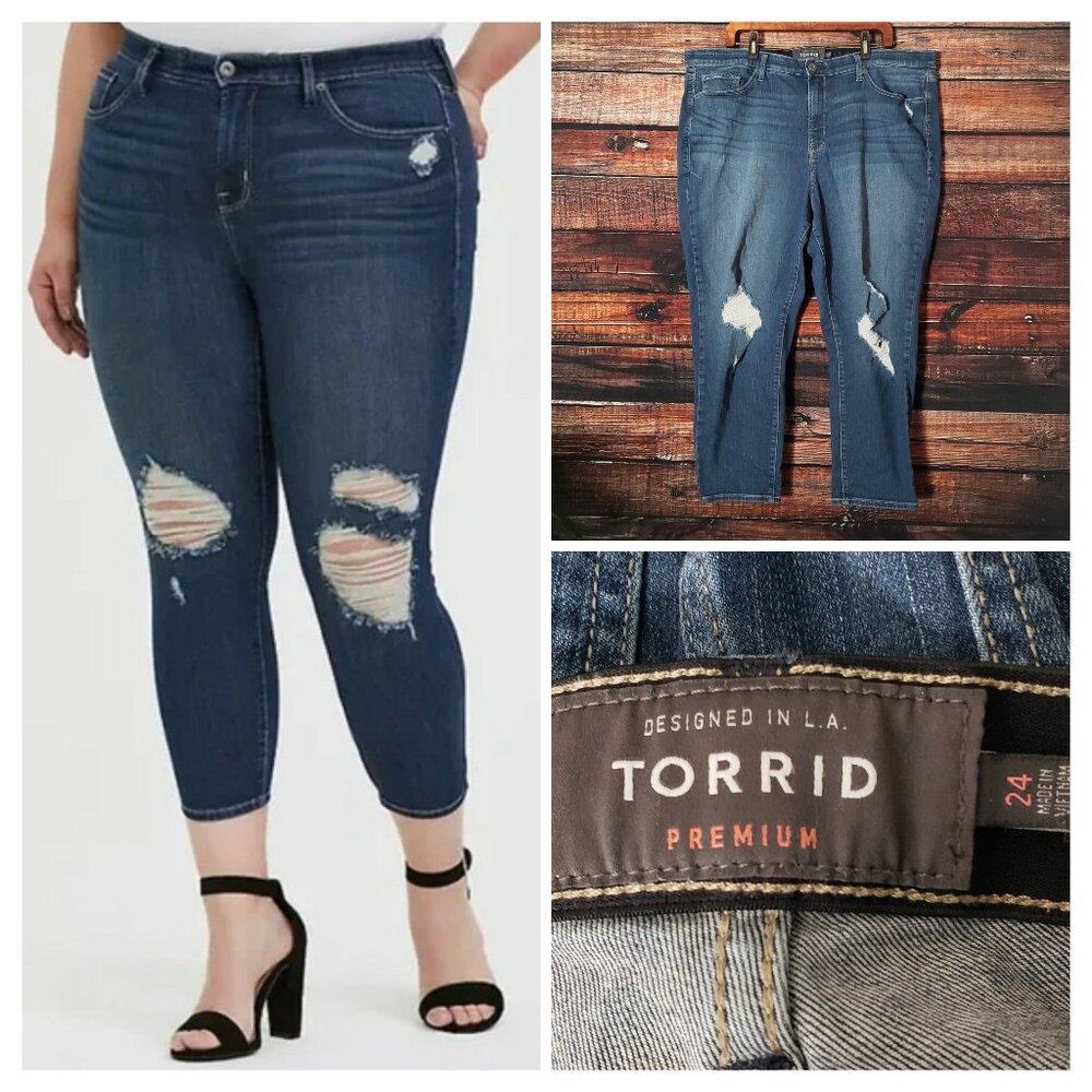 Torrid Jeans Sky High Skinny Crop Plus Size 24 Distressed Blue Denim High Rise